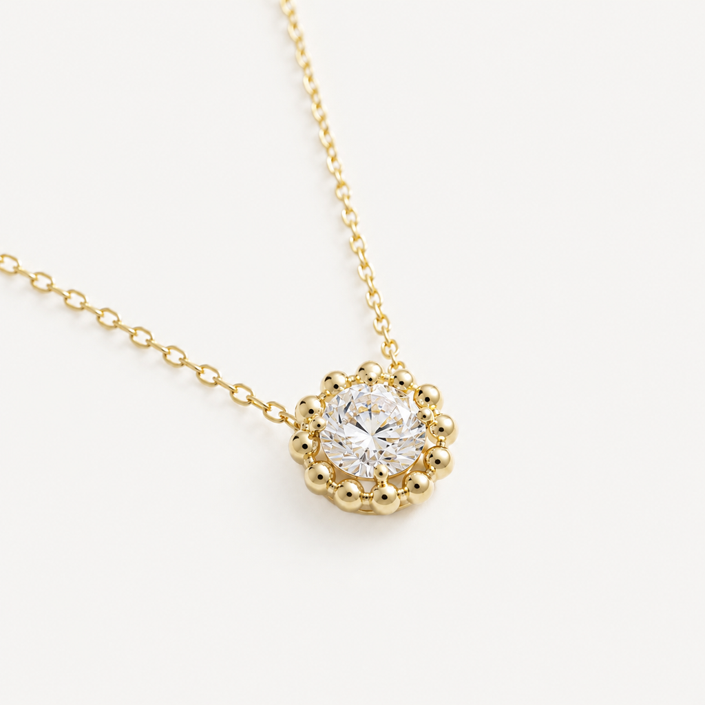 Bubble Halo Diamond Necklace | 14K Gold Beaded Pendant
