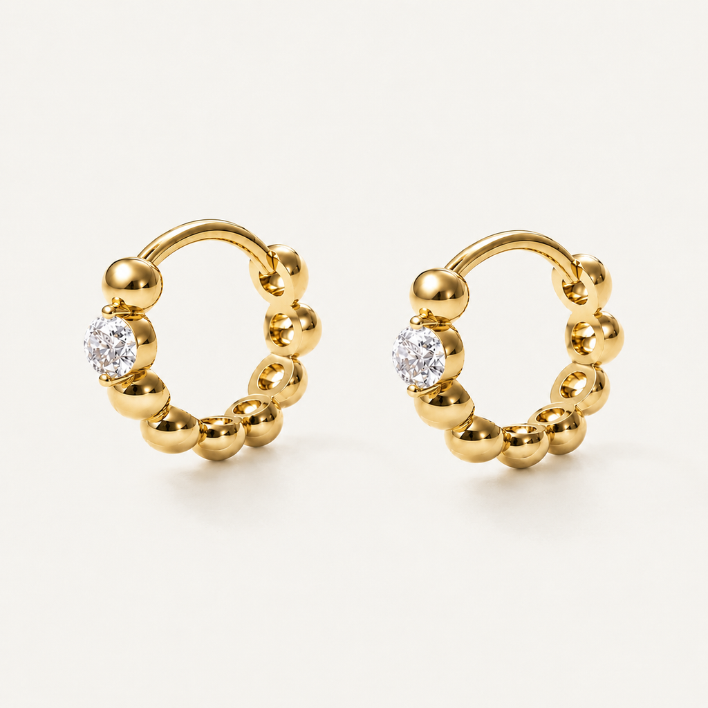 14K Gold Diamond Beaded Huggie Earrings