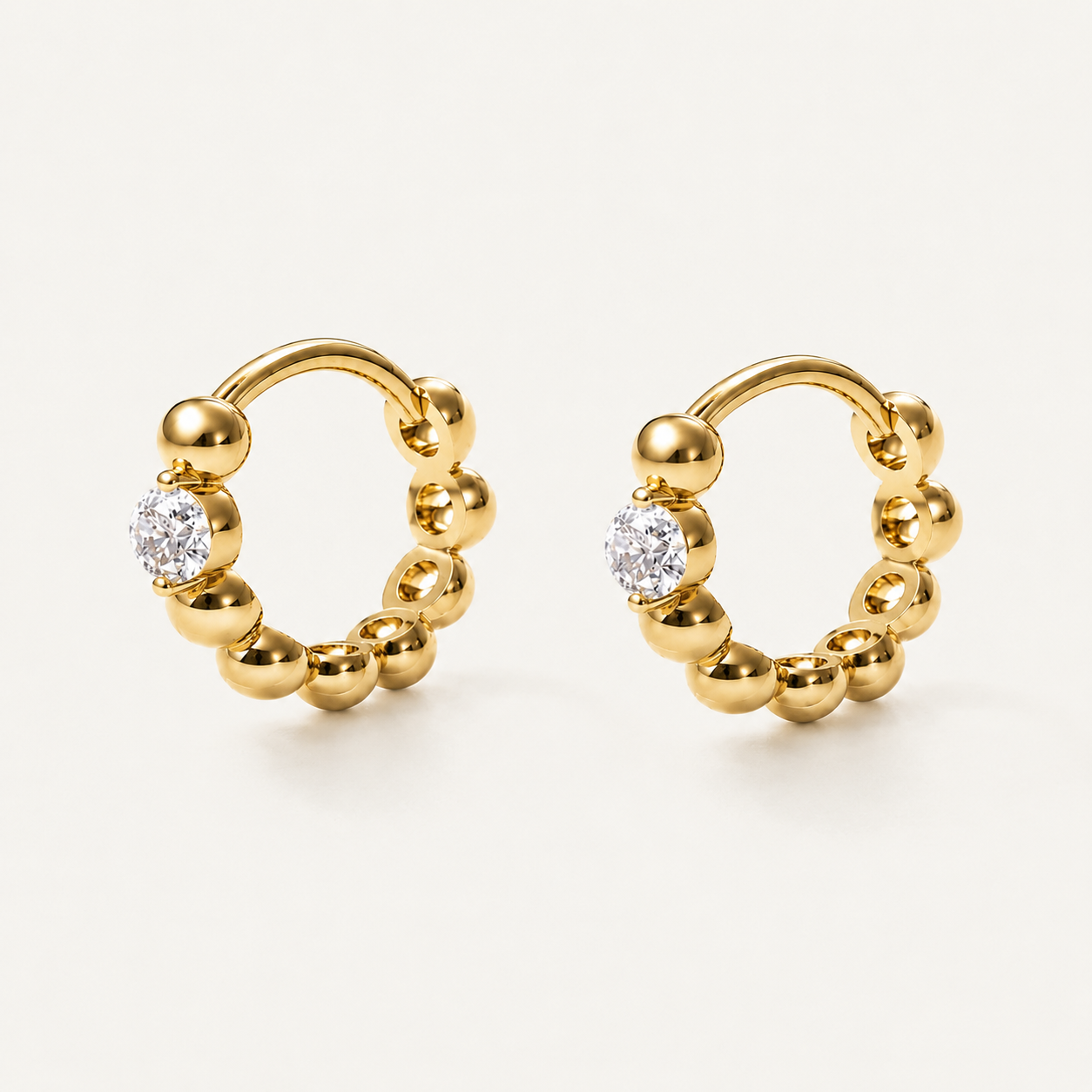 14K Gold Diamond Beaded Huggie Earrings