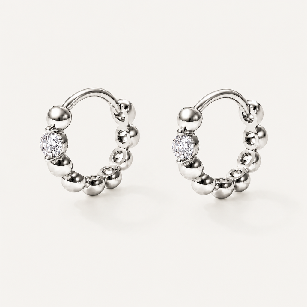 14K Gold Diamond Beaded Huggie Earrings