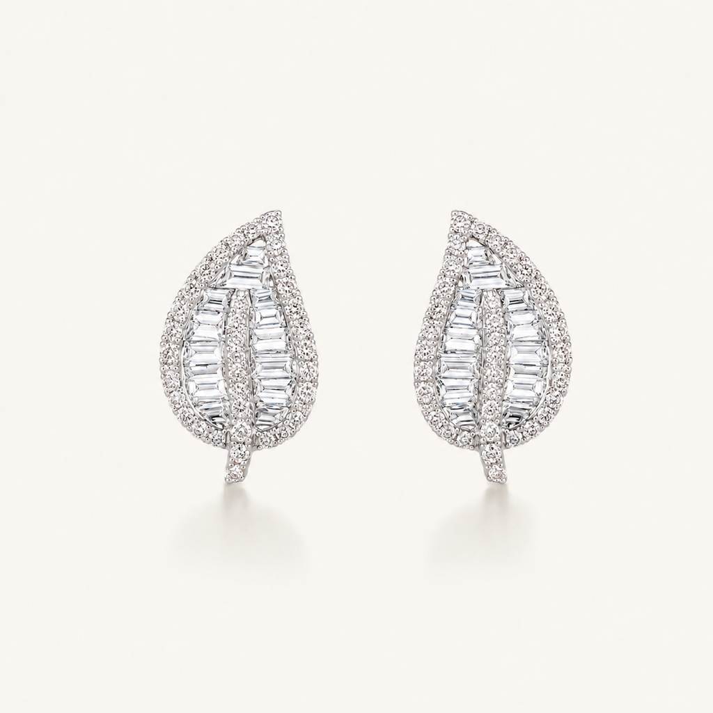 Leaf Baguette Diamond Stud Earrings | 14K Gold