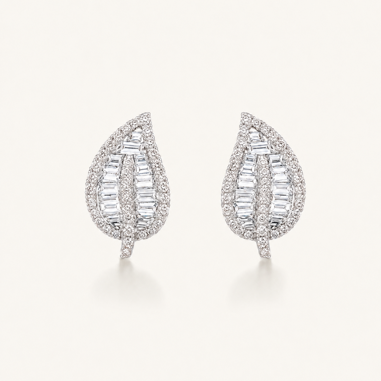 Leaf Baguette Diamond Stud Earrings | 14K Gold