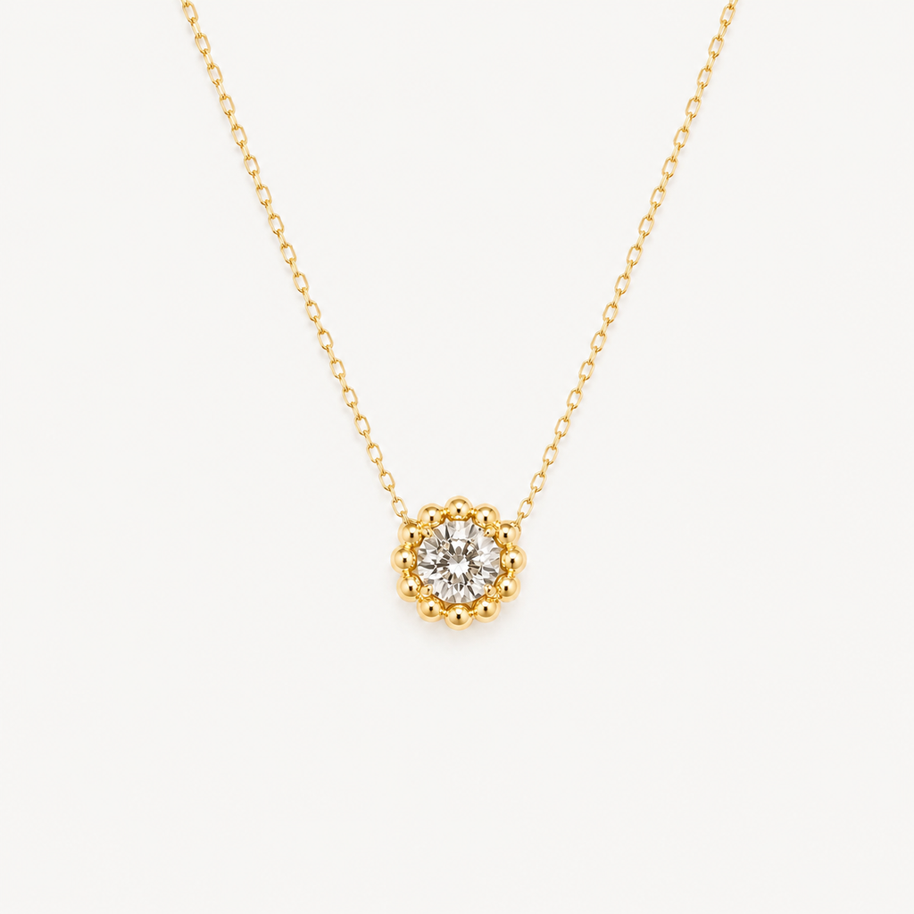 Bubble Halo Diamond Necklace | 14K Gold Beaded Pendant