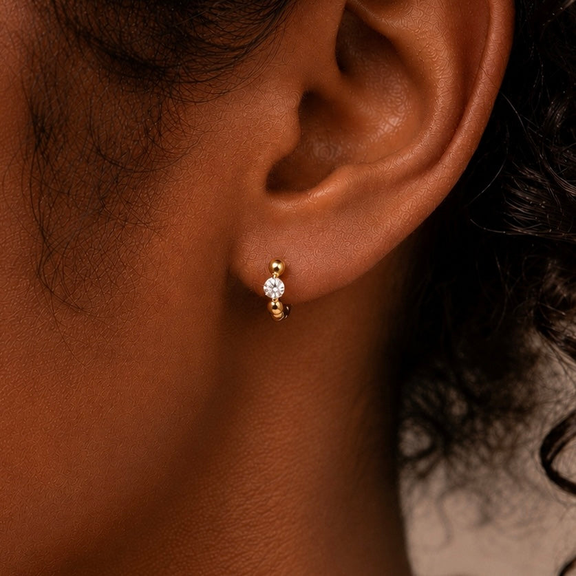 14K Gold Diamond Beaded Huggie Earrings