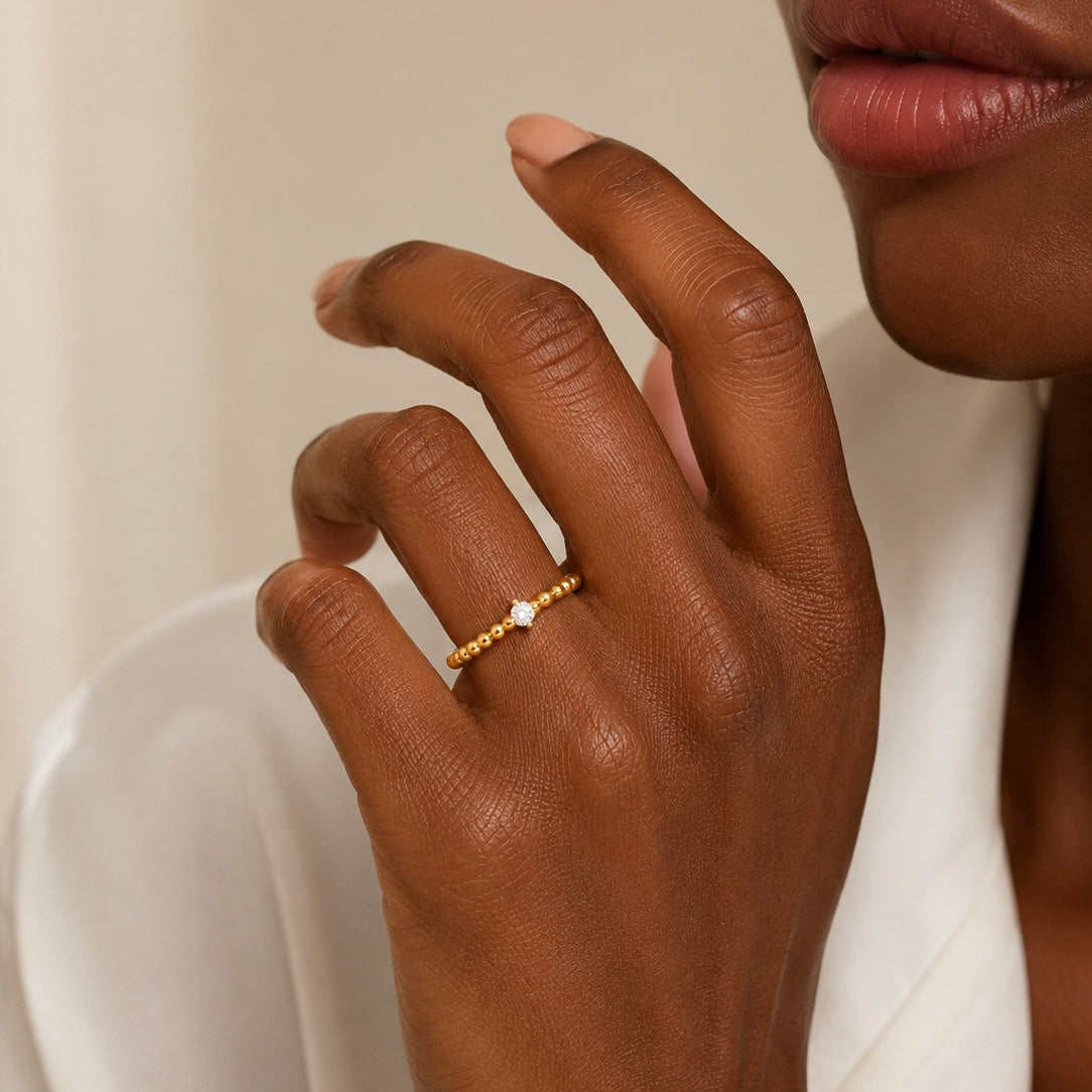 Bubble Solitaire Ring | 14K Gold Diamond Beaded Ring