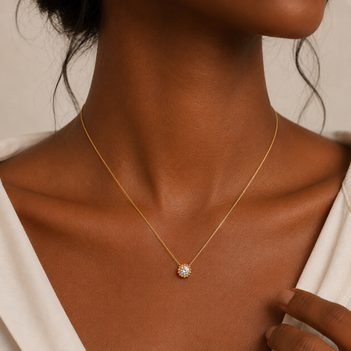 Bubble Halo Diamond Necklace | 14K Gold Beaded Pendant