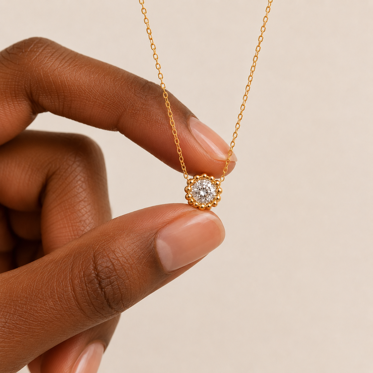 Bubble Halo Diamond Necklace | 14K Gold Beaded Pendant
