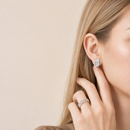 Leaf Baguette Diamond Stud Earrings | 14K Gold