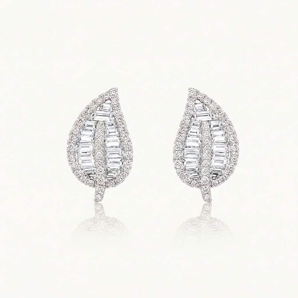 Leaf Baguette Diamond Stud Earrings | 14K Gold